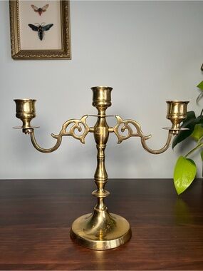 Vintage three-armed brass candelabra. English Victorian Style Candle holder.